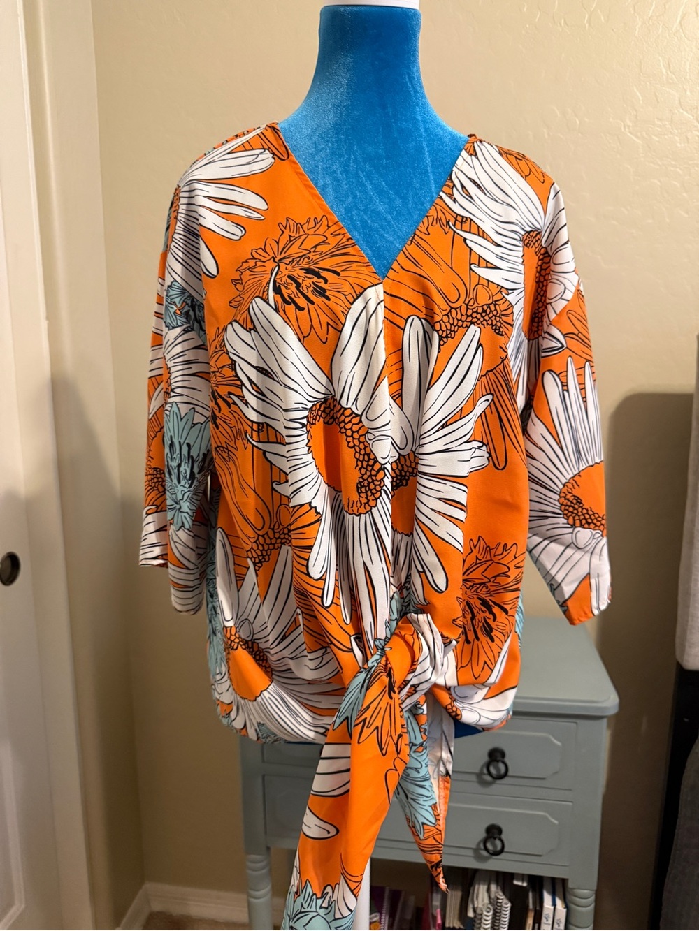 Tie-Front V-Neck Floral Blouse in Orange